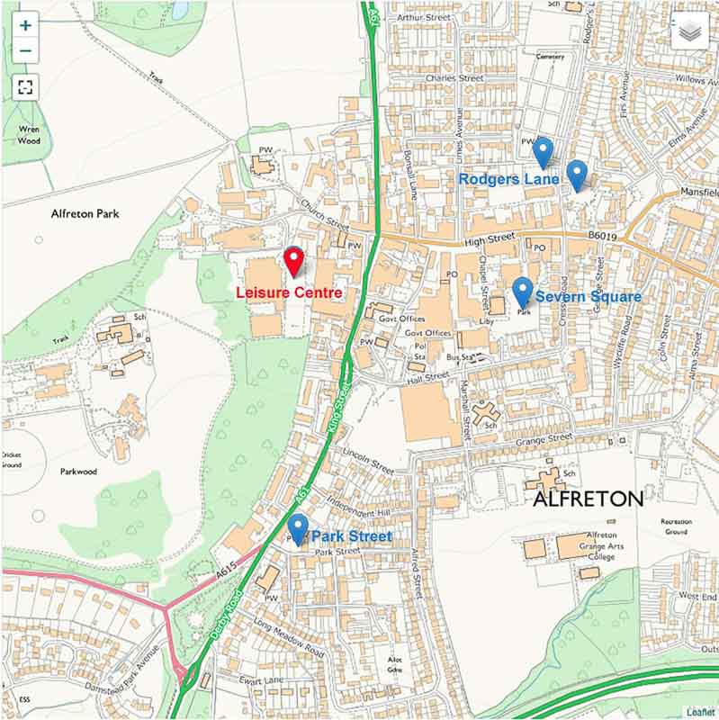 The blue pins show other local car parks within 5-minutes walk