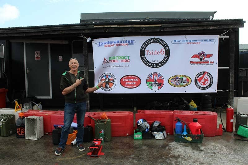 The man (and sponsors) who made it all happen, Keith Terry flying the flag for UK endurance scooter racing