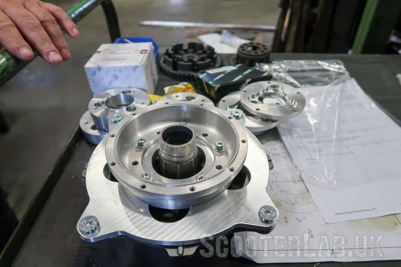 Elements of the 'Dirty Sanchez' front brake conversion for Lambretta.