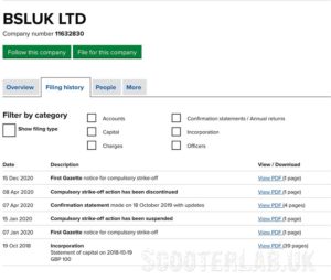 December 2020 new strike-off notice for the company behind the Beedspeed name - NOT TO BE CONFUSED WITH THE SCOOTERLAB ACRONYM!!
