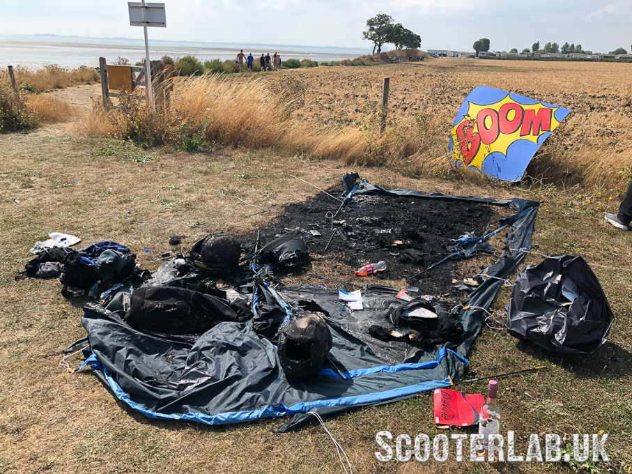 The remains of a tent at Mersea Island Scooter Rally after a phone charger exploded